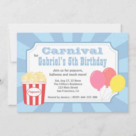 Invitation Anniversaire de enfant - Carnaval avec Popcorn et (Devant)