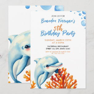 Invitation Anniversaire de enfant dauphin de corail bleu et o