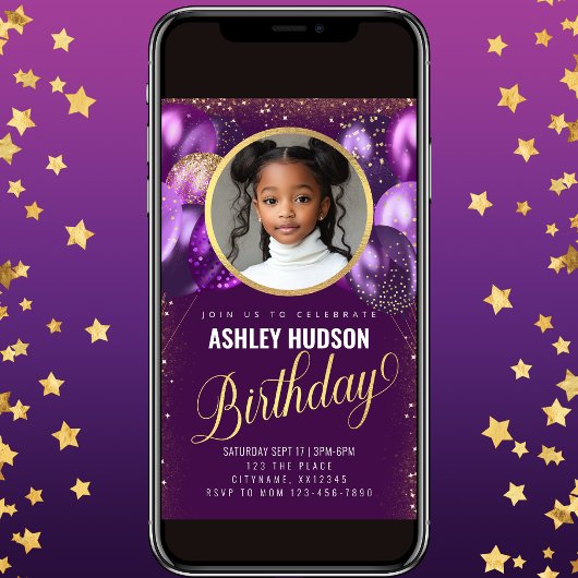 Invitation Anniversaire de enfant de ballons viole