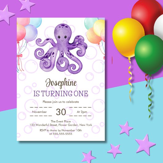 Invitation Anniversaire de enfant de bulle violet Octopus