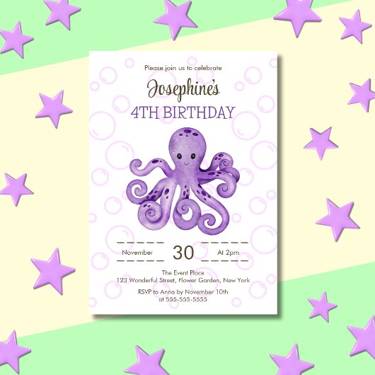 Invitation Anniversaire de enfant de bulle violet octopus mig