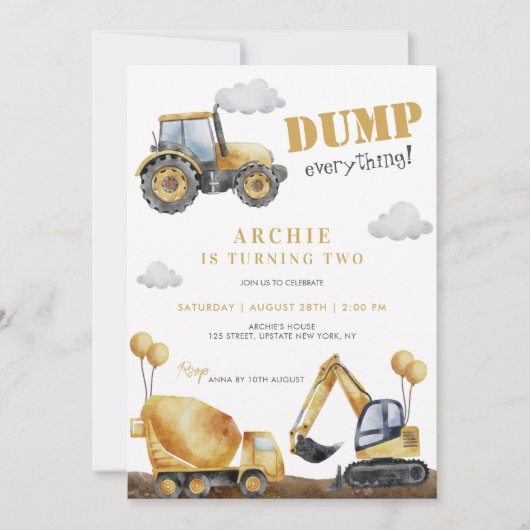 Invitation Anniversaire de enfant de camion de construction (Devant)