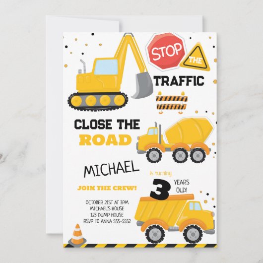 Invitation Anniversaire de enfant de camion de construction (Devant)