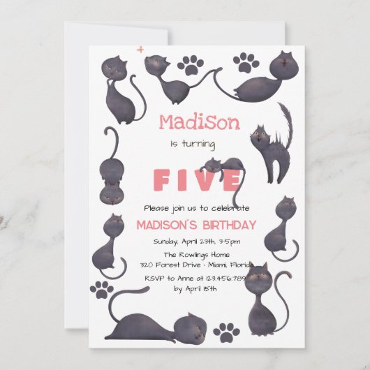 Invitation Anniversaire de enfant de chat noir (Devant)