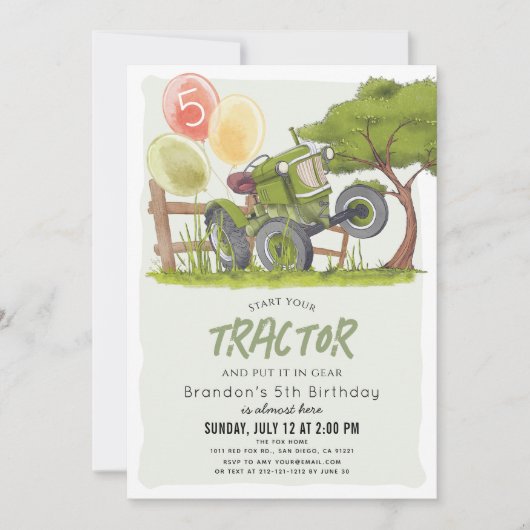 Invitation Anniversaire de enfant de ferme de tracteur vert (Devant)