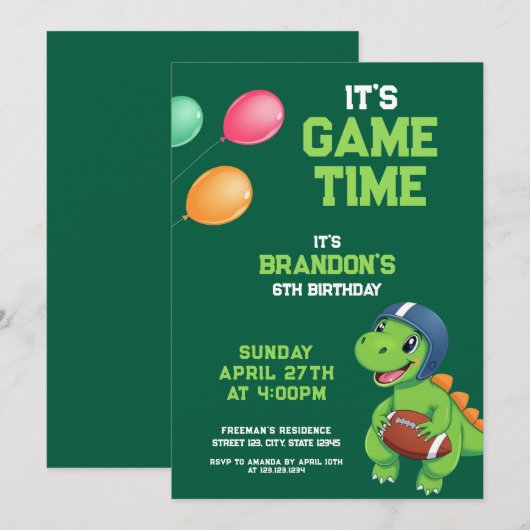 Invitation Anniversaire de enfant de football Dinosaur vert c (Devant / Derrière)