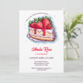 Invitation Anniversaire de enfant de gâteau court aux fraises (Debout devant)