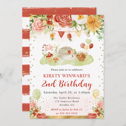 Invitation Anniversaire de enfant de hérisson de bois aquarel (Devant / Derrière)