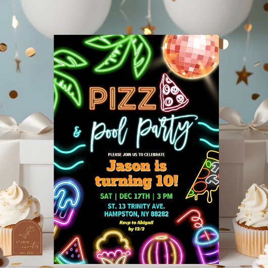 Invitation Anniversaire de enfant de la fête de la Pizza Neon