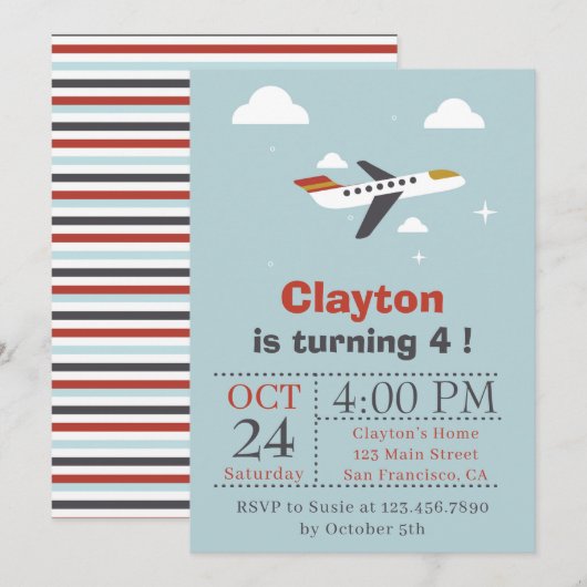 Invitation Anniversaire de enfant de l'avion et des nuages (Devant / Derrière)