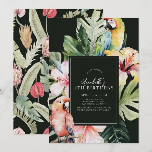 Invitation Anniversaire de enfant de perroquet tropical et bo (Devant / Derrière)