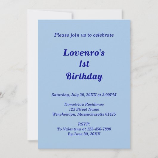 Invitation Anniversaire de enfant de textos bleu clair monoch (Devant)