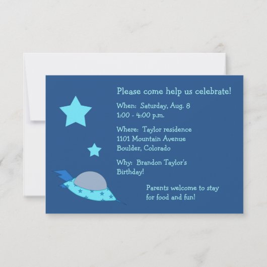 Invitation Anniversaire de enfant de vaisseau spatial (Dos)