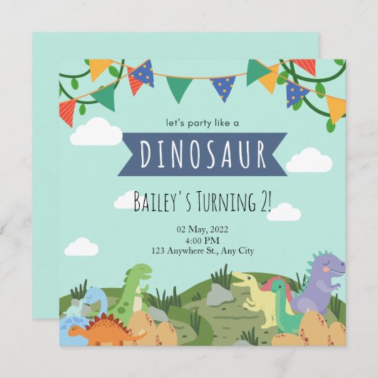 Invitation Anniversaire de enfant Dinosaur (Devant / Derrière)