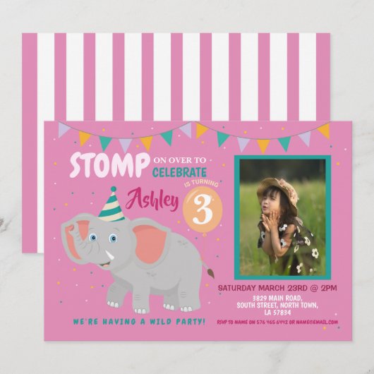 Invitation Anniversaire de enfant du parti Eléphant Photo Pin (Devant / Derrière)