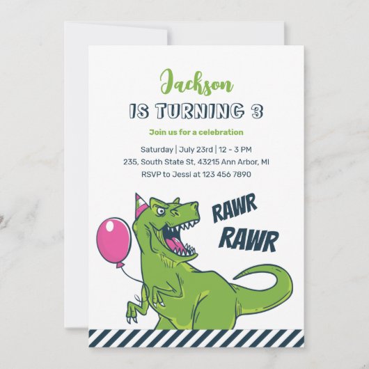 Invitation Anniversaire de enfant du parti T-Rex Dinosaur Raw (Devant)