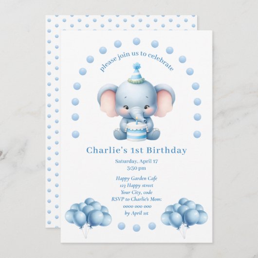 Invitation Anniversaire de enfant Eléphant bleu mignon (Devant / Derrière)
