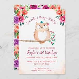 Invitation Anniversaire de enfant floral de hibou
