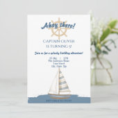 Invitation Anniversaire de enfant nautique | Bateau bleu et b (Debout devant)