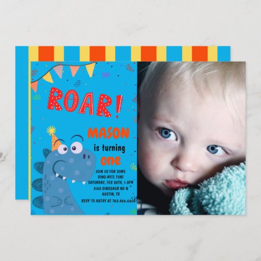 Invitation anniversaire de enfant photo T-Rex Dinosaur mignon (Devant / Derrière)