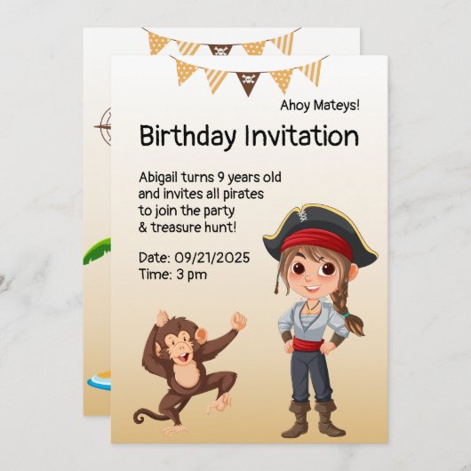 Invitation Anniversaire de enfant pirate (Devant / Derrière)