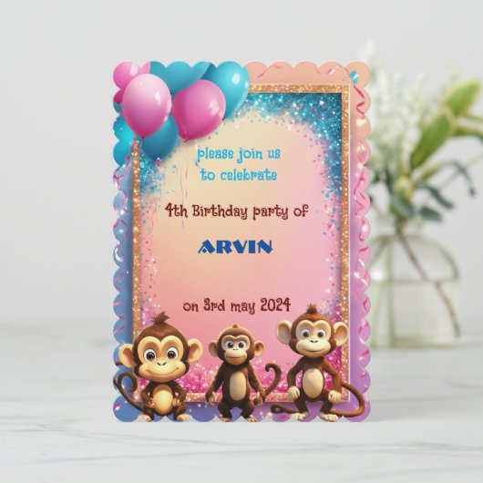 Invitation anniversaire de enfant singe (Debout devant)