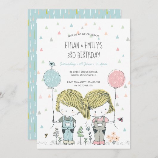 Invitation Anniversaire de enfant Twins (Devant / Derrière)