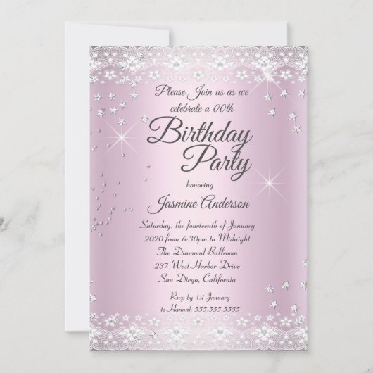 Invitation Anniversaire de fête Blush Rose Silver Dentelle (Devant)