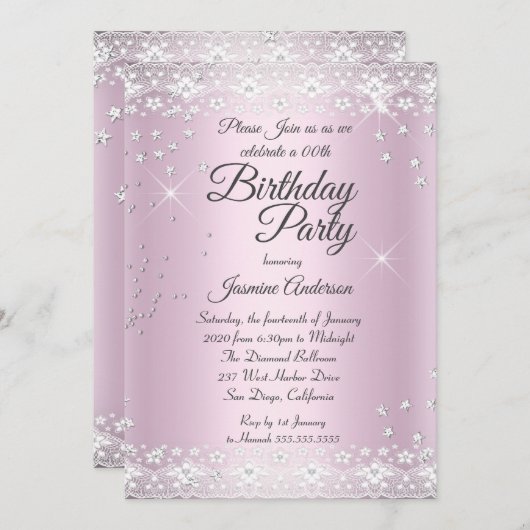 Invitation Anniversaire de fête Blush Rose Silver Dentelle (Devant / Derrière)