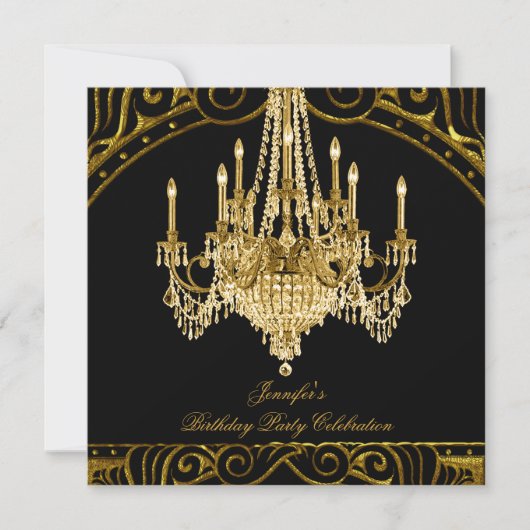 Invitation Anniversaire de fête Gold Chandelier noir (Devant)