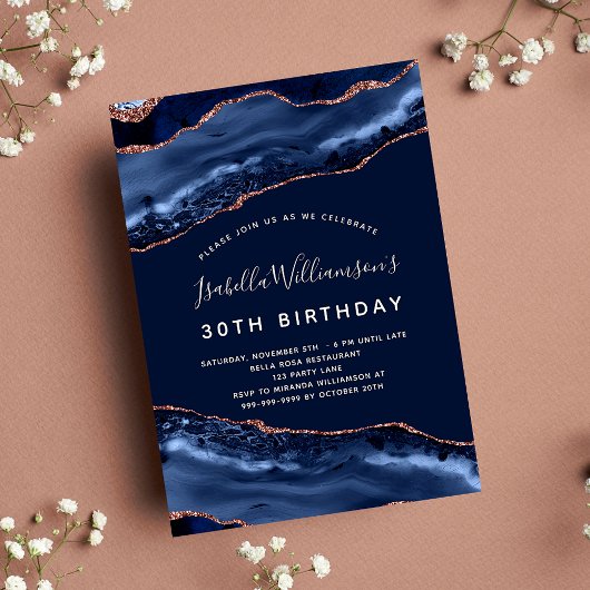 Invitation Anniversaire de fête marbre bleu rose or luxe