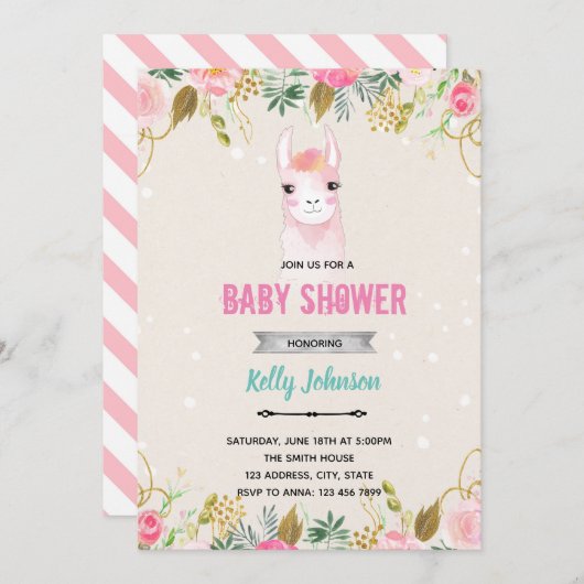 Invitation Anniversaire de fête prénatale de lama floral (Devant / Derrière)