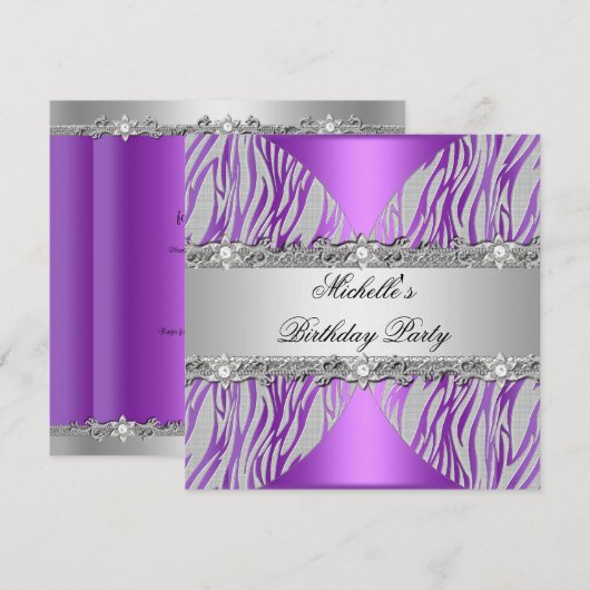 Invitation Anniversaire de fête violet argent gris Pearl Diam (Devant / Derrière)