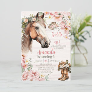 Invitation Anniversaire de Fille Cheval Rose Floral Saddle Up