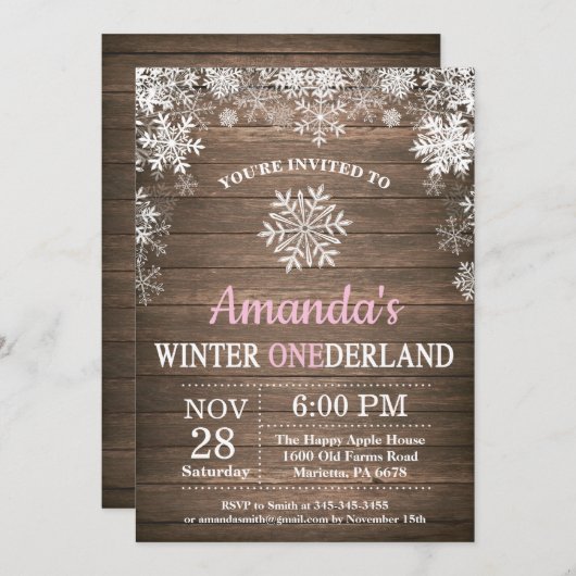 Invitation Anniversaire de fille de rose de flocon de neige (Devant / Derrière)