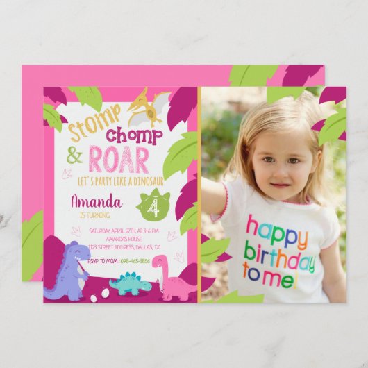 Invitation Anniversaire De Fille Dinosaure Rose Av (Devant / Derrière)