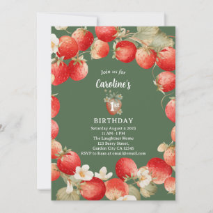 Invitation Anniversaire de Fille Premier avec Fraise Aquarell