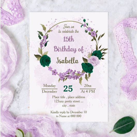 Invitation anniversaire de fleurs violettes vert émeraude