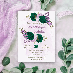 Invitation anniversaire de fleurs violettes vert émeraude