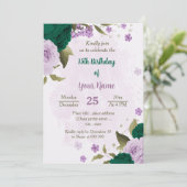 Invitation anniversaire de fleurs violettes vert émeraude (Debout devant)