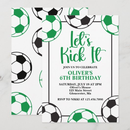 Invitation Anniversaire de foot vert et noir (Devant / Derrière)