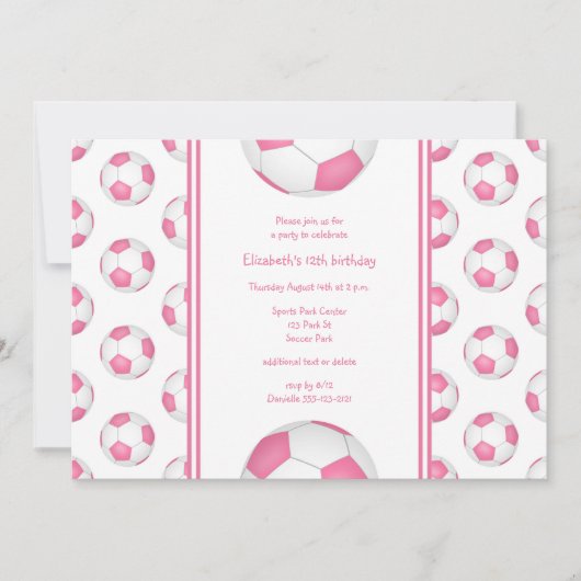 Invitation anniversaire de football de fille blanche rose ou  (Devant)