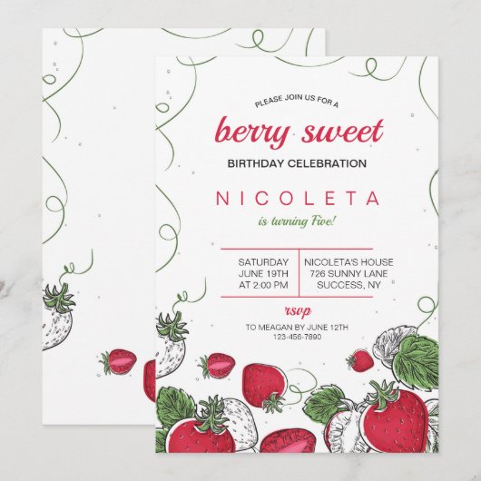 Invitation Anniversaire de fraises (Devant / Derrière)
