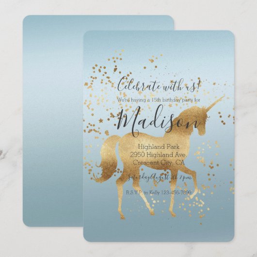 Invitation Anniversaire de Gold Unicorn Aqua Ombre (Devant / Derrière)