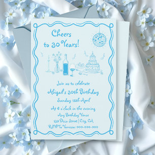 Invitation Anniversaire de gribouillis bleu d'aqua rétro