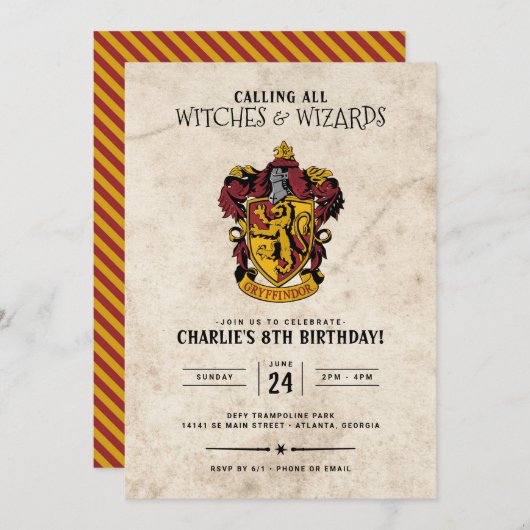 Invitation Anniversaire de Harry Potter | Gryffindor (Devant / Derrière)
