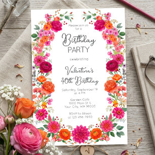 Invitation Anniversaire de Jardin Floral Rose & Orange Coloré
