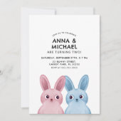 Invitation Anniversaire de jumeaux avec lapins bleus et roses (Devant)