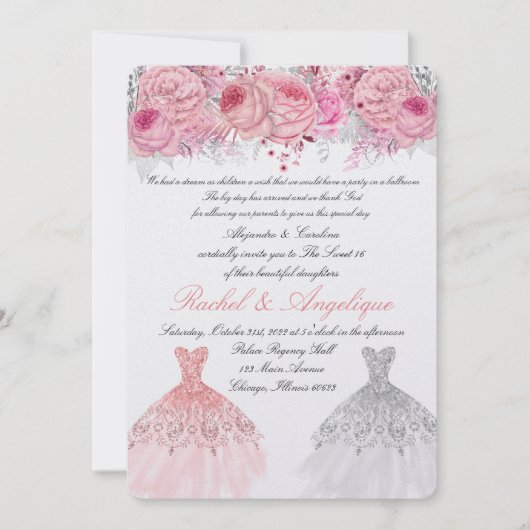 Invitation Anniversaire de jumeaux rose et or (Devant)