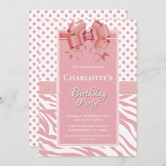 Invitation Anniversaire de la Bow rose (Devant / Derrière)